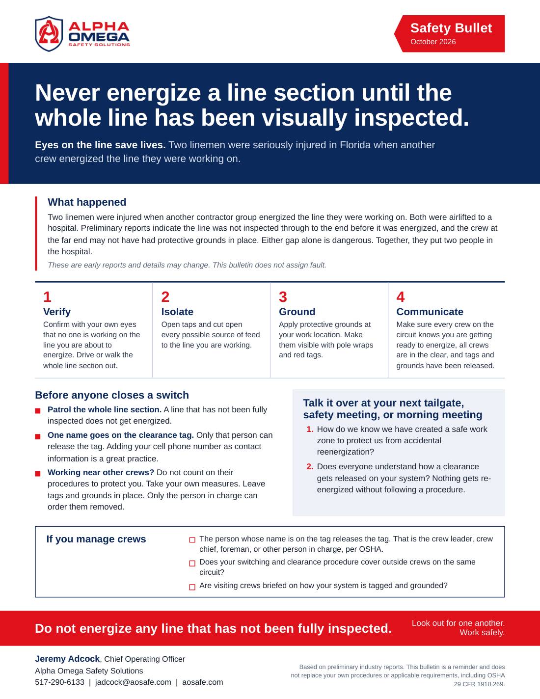 The October 2026 Safety Bullet as a one-page printable PDF